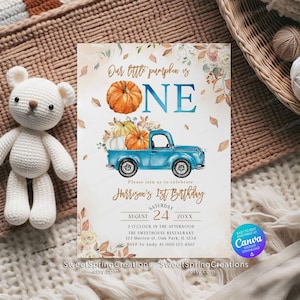 Our Little Pumpkin Is Turning One, Blue Pumpkin Truck Invitation, Fall First Birthday, Pumpkin First Birthday Invitation #SSC_00036