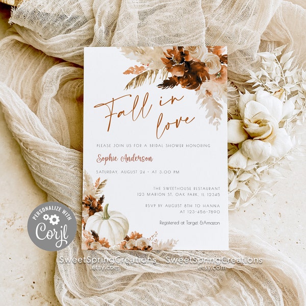 Burnt Orange Boho Fall in Love Bridal Shower Invitation Template, Pumpkins and Boho Pampas Grass, Fall Autumn Florals #SSC_00020