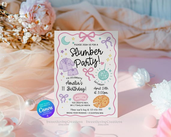 Editable Slumber Party Invitation Template, Sleepover Birthday Invite, Digital Download SSC-055