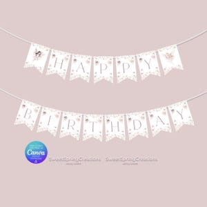 May include: A white and pink printable banner with the words "HAPPY BIRTHDAY" in a floral design. The banner features small fairy illustrations and is perfect for a birthday party.