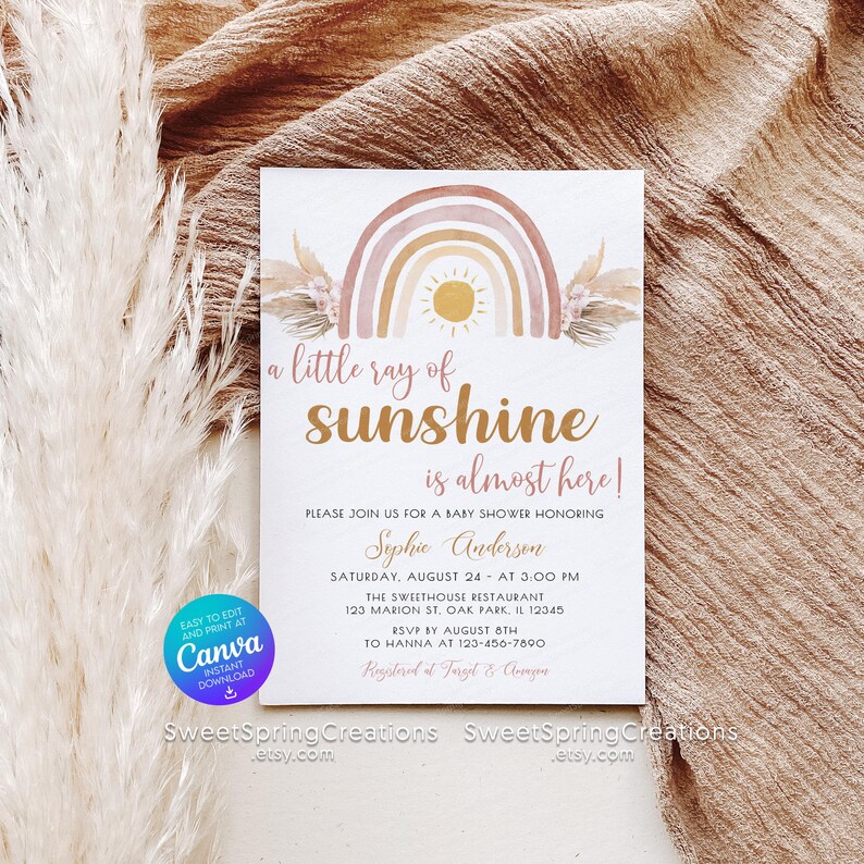 Editable A Little Ray of Sunshine Boho Rainbow Baby Shower Invitation Template, pampas grass SSC_00019 image 7