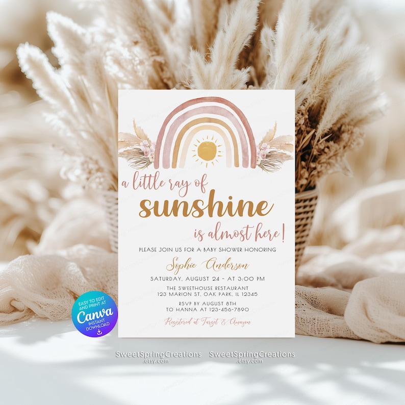 Editable A Little Ray of Sunshine Boho Rainbow Baby Shower Invitation Template, pampas grass SSC_00019 image 3