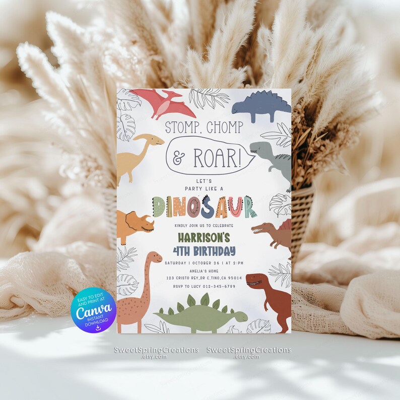 Bewerkbare sjabloon voor verjaardagsuitnodiging dinosaurus 4e verjaardagsfeestje dinosaurus SSC_00247 afbeelding 4