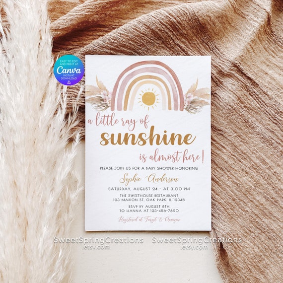 A Little Ray of Sunshine Boho Rainbow Baby Shower Invitation, pampas grass SSC_00019