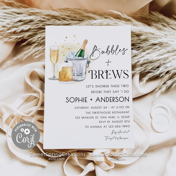 Bubbles and Brews Couples Shower Invitation, Brews and Bubbly Invite Printable, Editable Template #SSC_00017