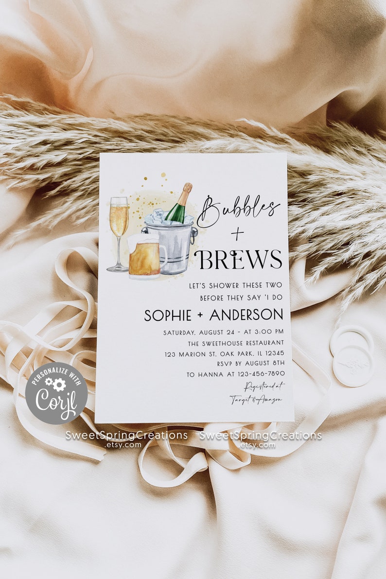 Bubbles and Brews Couples Shower Invitation, Brews and Bubbly Invite Printable, Editable