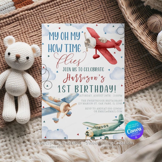 Airplane 1st Birthday Invitation Template: Time Flies (Digital Download) SSC_00066
