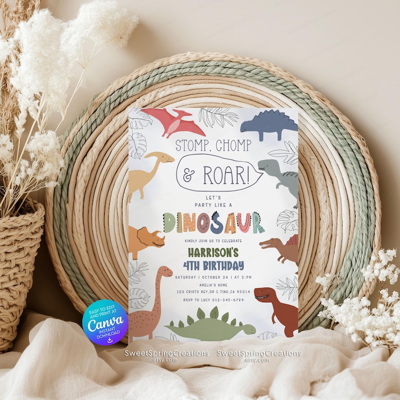 Bewerkbare sjabloon voor verjaardagsuitnodiging dinosaurus 4e verjaardagsfeestje dinosaurus SSC_00247 afbeelding 2