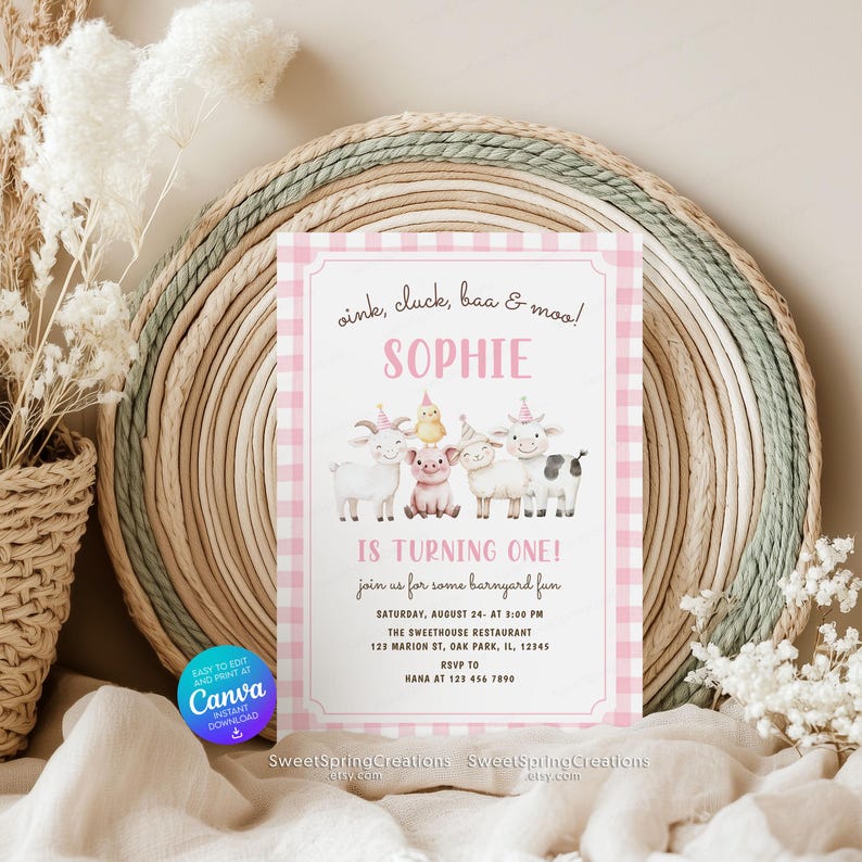 Editable Oink Cluck Baa Moo Barnyard Farm Animals 1st Birthday ...