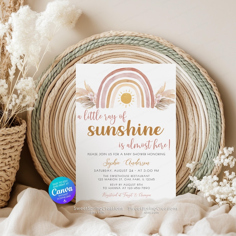 Editable A Little Ray of Sunshine Boho Rainbow Baby Shower Invitation Template, pampas grass SSC_00019 image 1