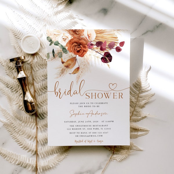 Modern Terracotta Pampas Grass Bridal Shower invitation, Boho Bridal Shower Invitation, Bohemian Bridal Shower Invite, Editable Template