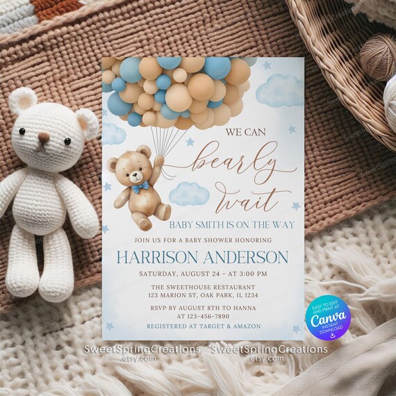 Teddy Bear Baby Shower Invitation Template: Blue Balloons (Digital Download) SSC_00143