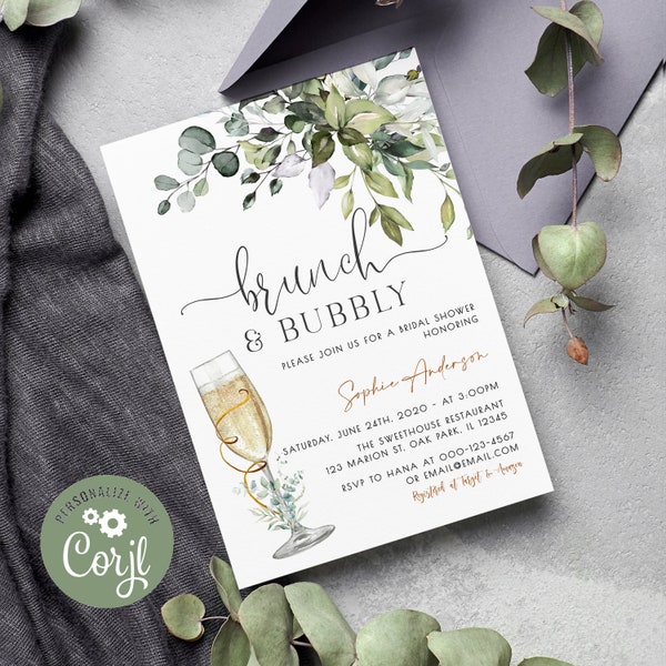 Brunch and Bubbly Bridal Shower Invitation -Eucalyptus Bridal Shower Invite - Greenery Bridal Shower  - Champagne Shower Editable Template