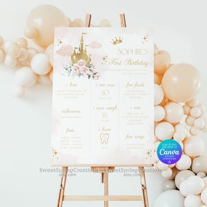Pu&ograve; includere: Un cartello stampabile per una festa di primo compleanno con un design di castello rosa e oro. Il cartello include il nome "Sophie's" e il testo "Primo compleanno". Il cartello include anche un elenco di fatti sulla bambina che compie gli anni, come quanti denti ha, quanto pesa e quali sono i suoi cibi preferiti.
