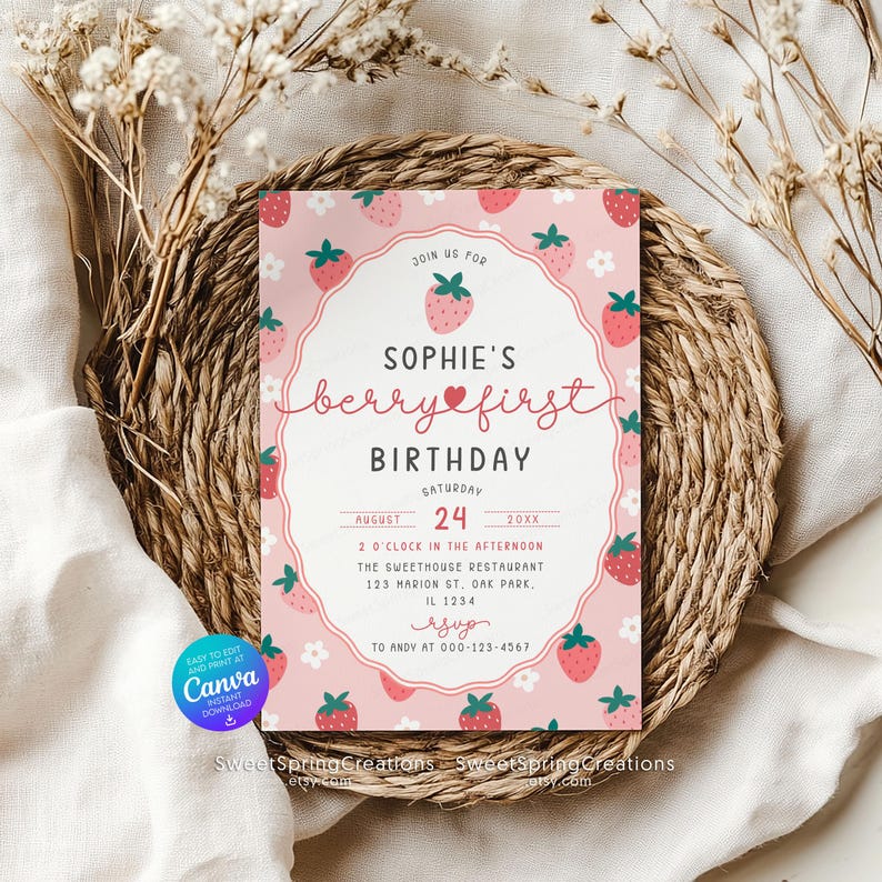 Editable Berry First Strawberry 1st Birthday Invitation Template SSC ...