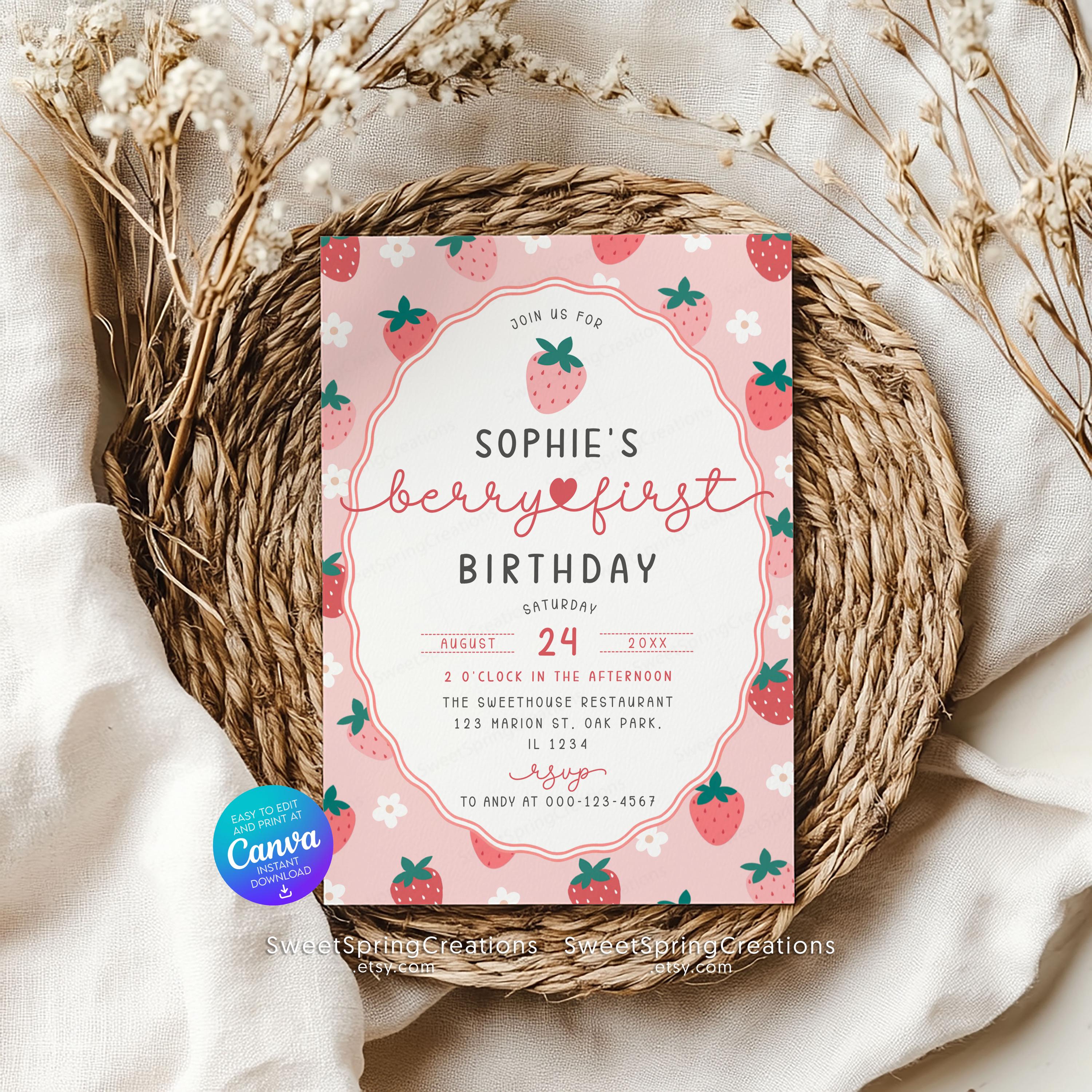 Editable Berry First Strawberry 1st Birthday Invitation Template SSC ...