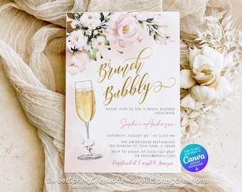 Invito modificabile per brunch e addio al nubilato con champagne, rosa cipria, fiori e oro BR_01