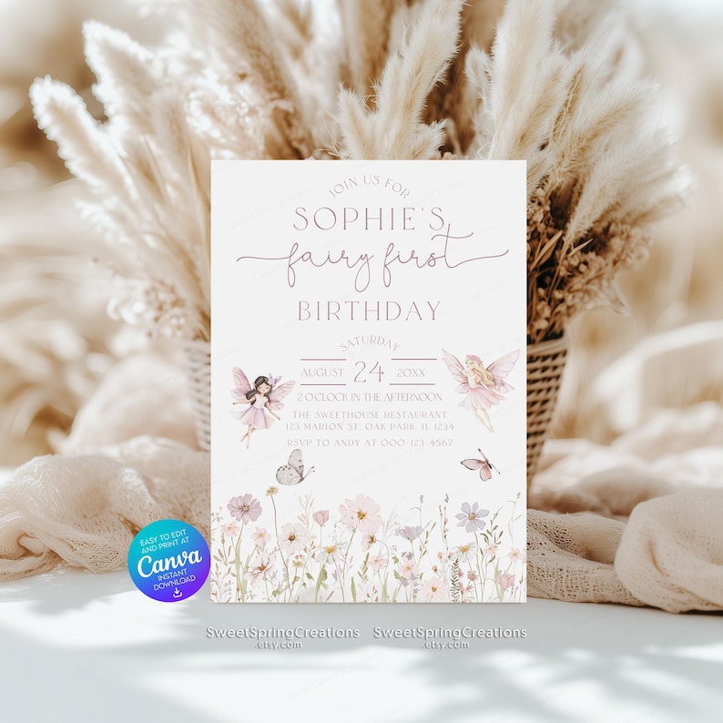 Bearbeitbare Boho Fee Erste Geburtstagseinladung Vorlage: Verzauberte Gartenparty Einladen SSC_00072 Bild 1