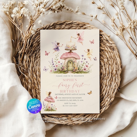 My Fairy First Birthday Party Invitation, Enchanted 1st Birthday Invite, Fairy Birthday, Whimsical Girl Birthday Invite SSC-66