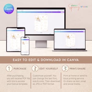 Pu&ograve; includere: Un mockup digitale che mostra come modificare e scaricare un file PDF stampabile in Canva. Il file presenta un invito per una festa di compleanno a tema principessa con un castello dorato e accenti floreali. Il testo sull'invito recita "Sweet Spring Studio".