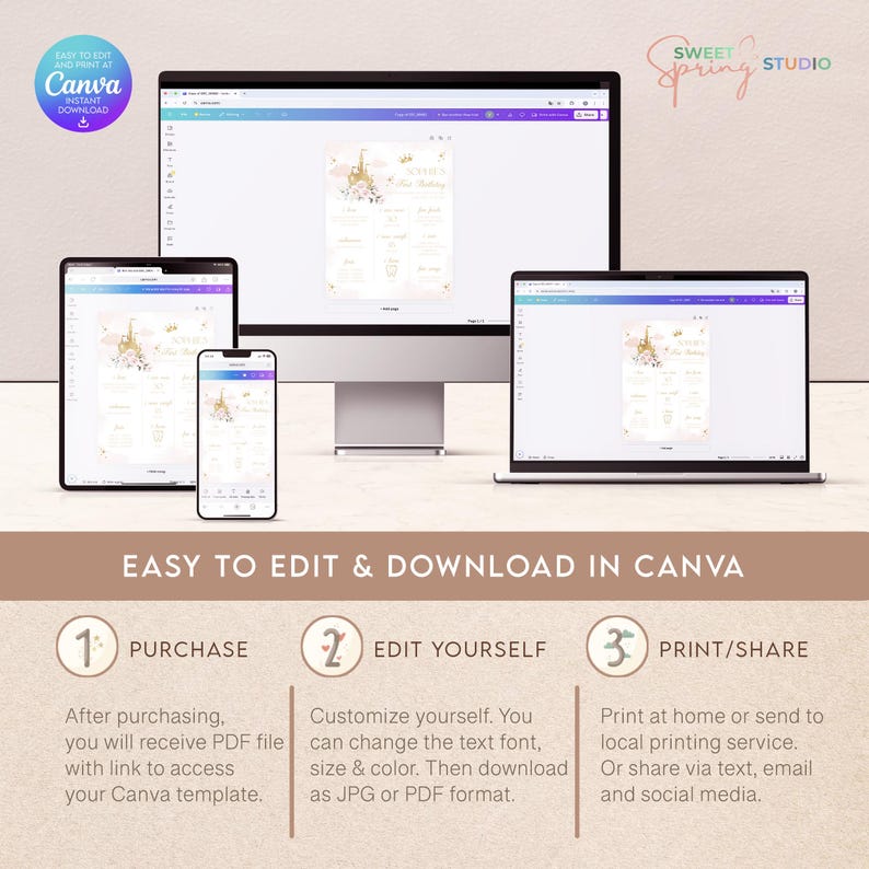 Pu&ograve; includere: Un mockup digitale che mostra come modificare e scaricare un file PDF stampabile in Canva. Il file presenta un invito per una festa di compleanno a tema principessa con un castello dorato e accenti floreali. Il testo sull'invito recita "Sweet Spring Studio".