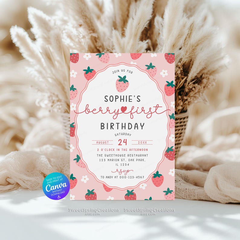 Editable Berry First Strawberry 1st Birthday Invitation Template SSC ...
