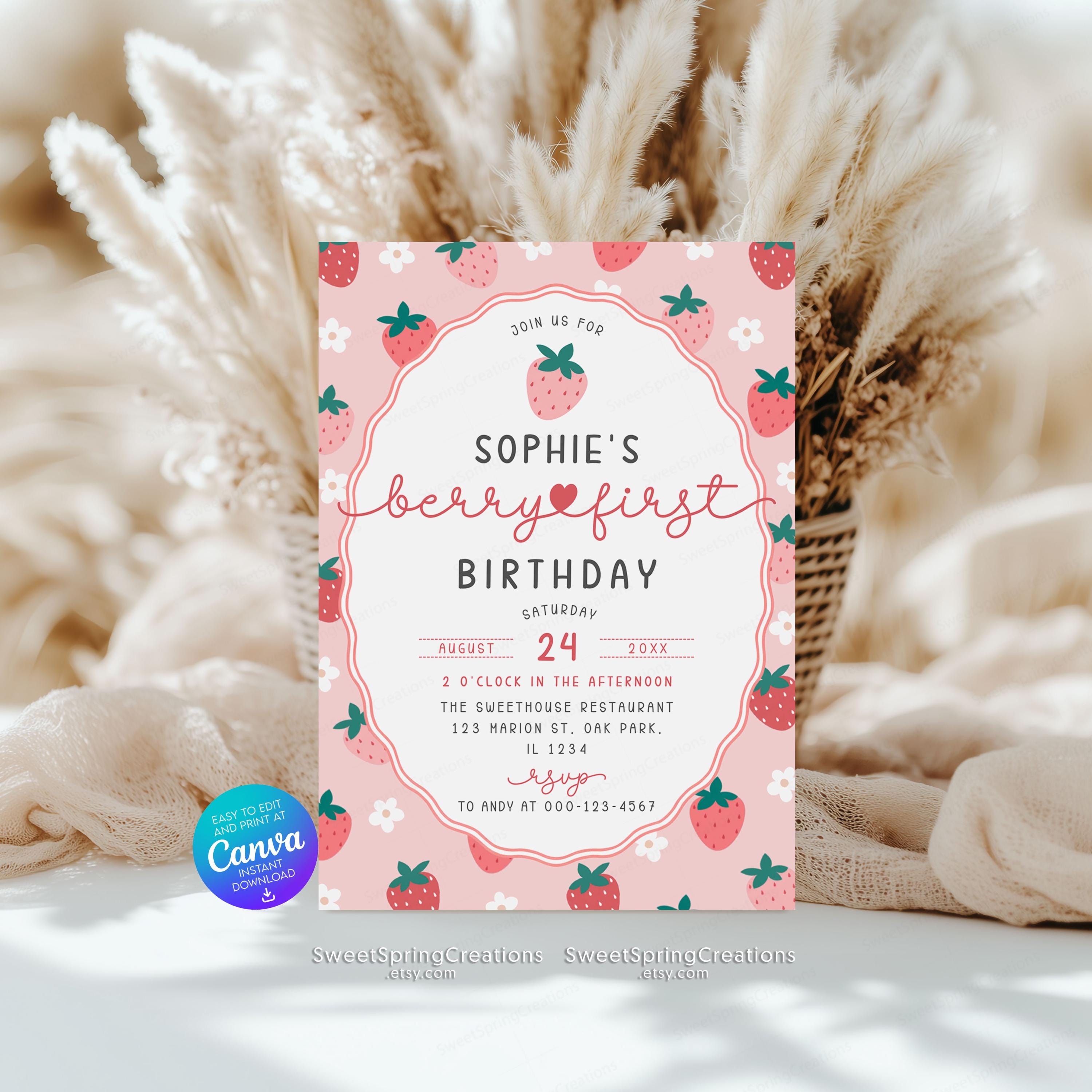 Editable Berry First Strawberry 1st Birthday Invitation Template SSC ...