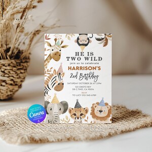 Editable Jungle Animals Two Wild Party Boho Safari 2nd Birthday Invitation Template SSC_00122 image 6