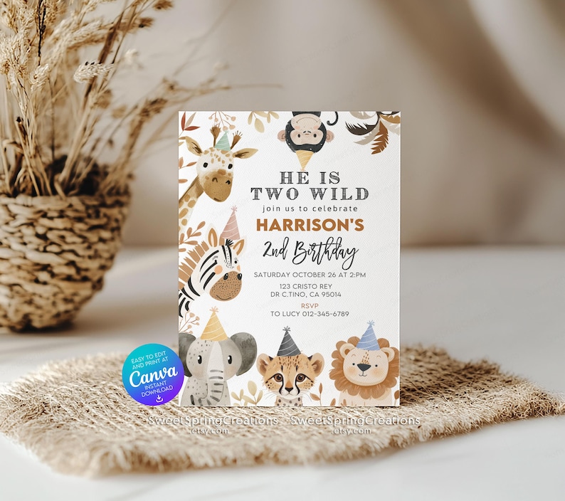 Editable Jungle Animals Two Wild Party Boho Safari 2nd Birthday Invitation Template SSC_00122 image 6