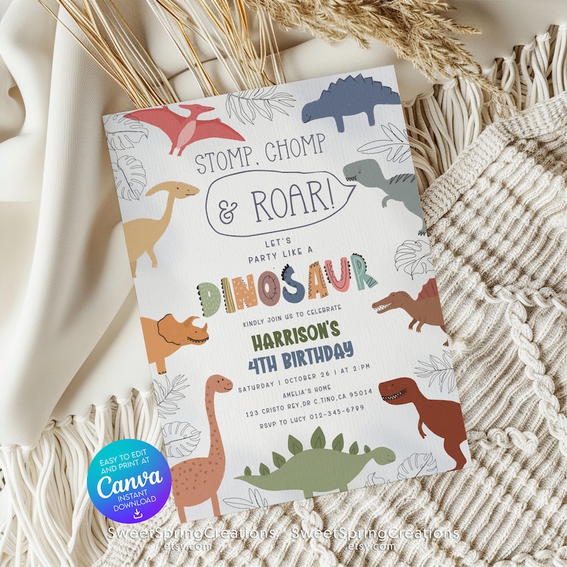 Bewerkbare sjabloon voor verjaardagsuitnodiging dinosaurus 4e verjaardagsfeestje dinosaurus SSC_00247 afbeelding 3