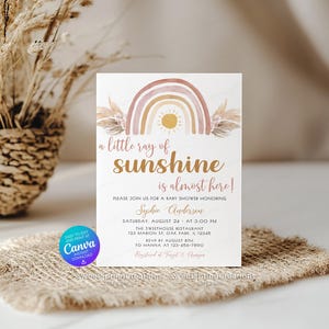 Editable A Little Ray of Sunshine Boho Rainbow Baby Shower Invitation Template, pampas grass SSC_00019 image 6