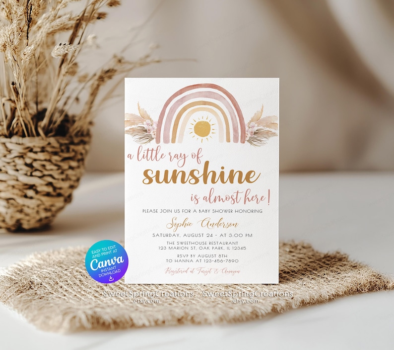 Editable A Little Ray of Sunshine Boho Rainbow Baby Shower Invitation Template, pampas grass SSC_00019 image 6