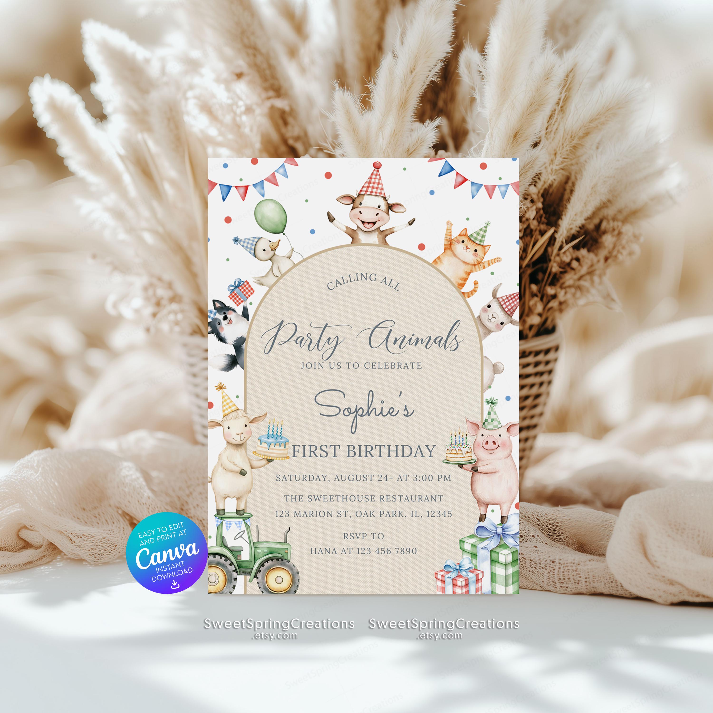 Editable Barnyard Party Farm Animals 1st Birthday Invitation Template ...