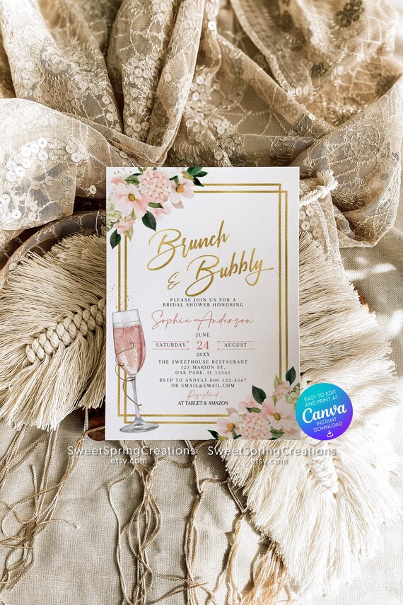 Editable Dusky Pink Floral Brunch & Bubbly Bridal Shower Invitation Template BR_15