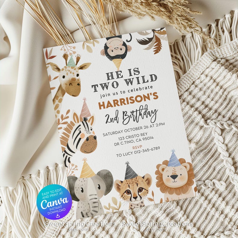 Editable Jungle Animals Two Wild Party Boho Safari 2nd Birthday Invitation Template SSC_00122 image 3