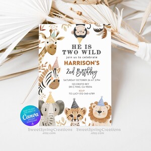 Editable Jungle Animals Two Wild Party Boho Safari 2nd Birthday Invitation Template SSC_00122 image 9