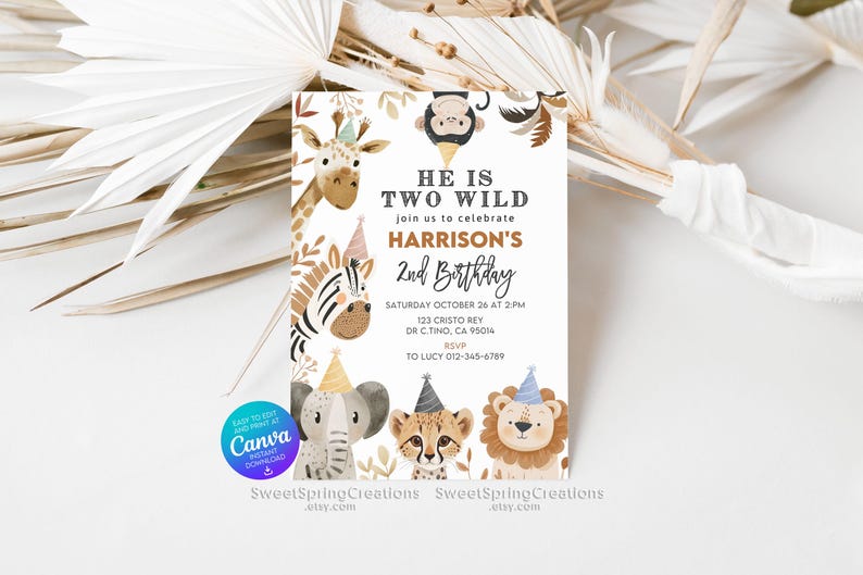 Editable Jungle Animals Two Wild Party Boho Safari 2nd Birthday Invitation Template SSC_00122 image 9