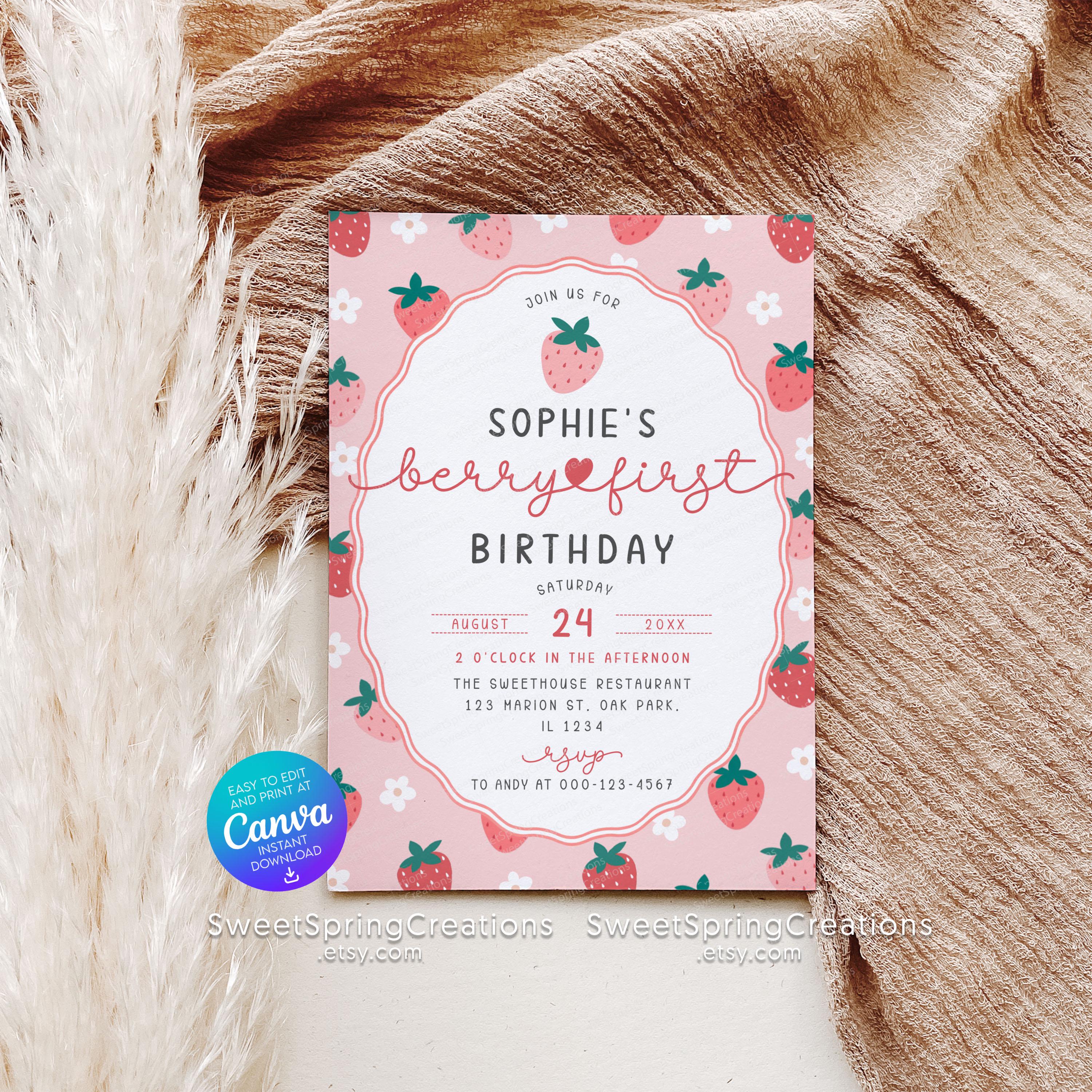 Editable Berry First Strawberry 1st Birthday Invitation Template SSC ...