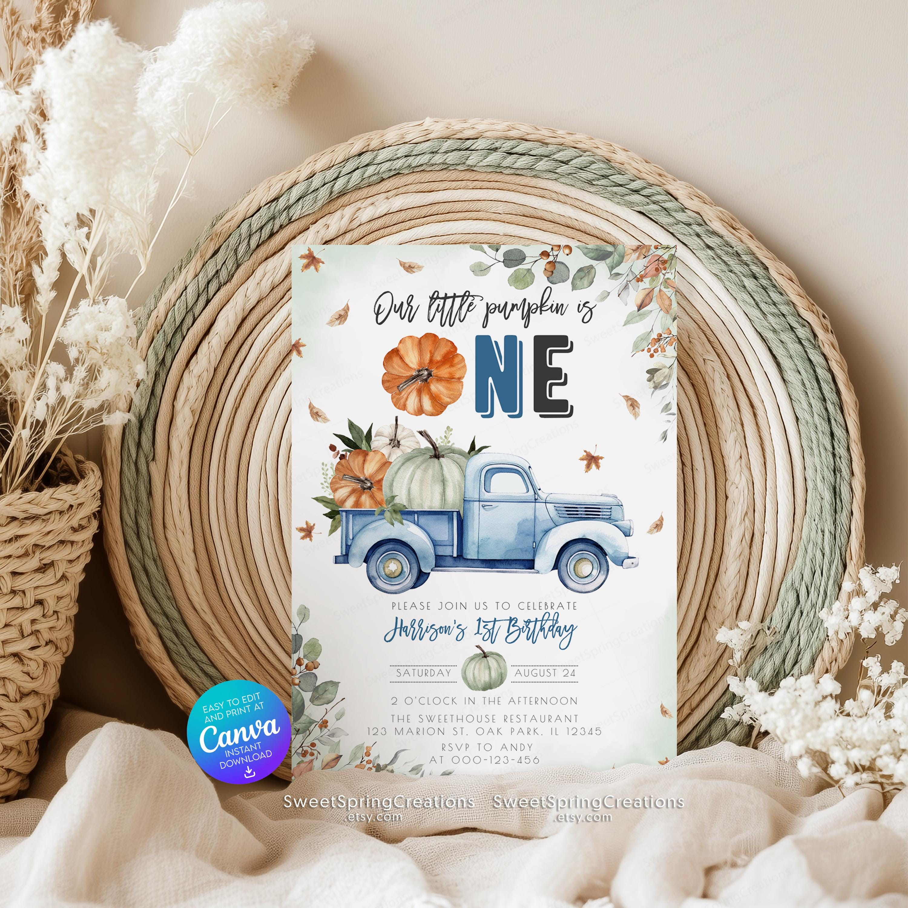 EDITABLE Our Little Pumpkin Blue Truck 1st Birthday Invitation SSC ...