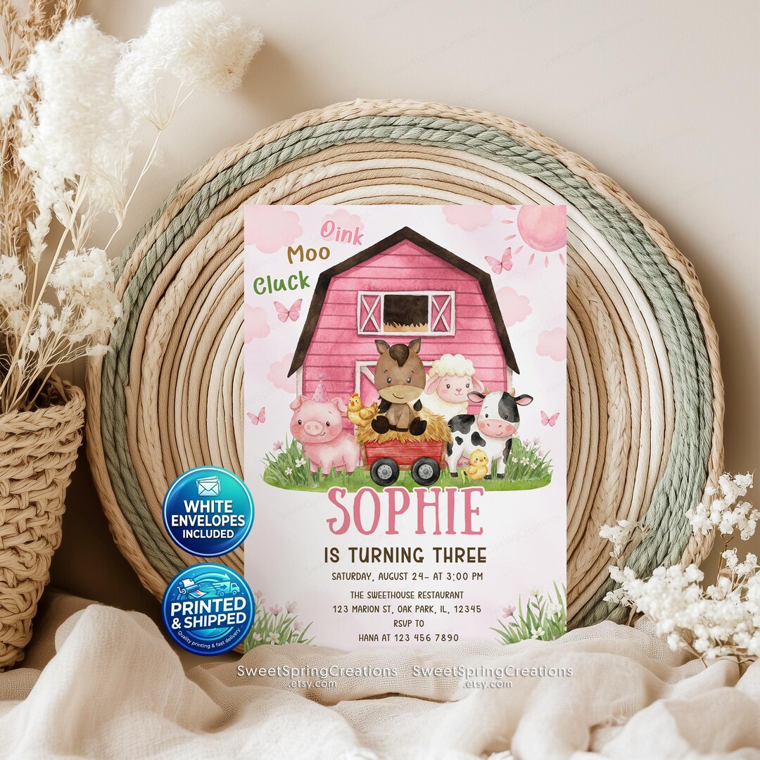 PRINTED + SHIPPED Pink Girl Barnyard Farm Animals Birthday Invitation ...