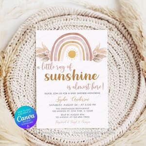 Editable A Little Ray of Sunshine Boho Rainbow Baby Shower Invitation Template, pampas grass SSC_00019 image 4