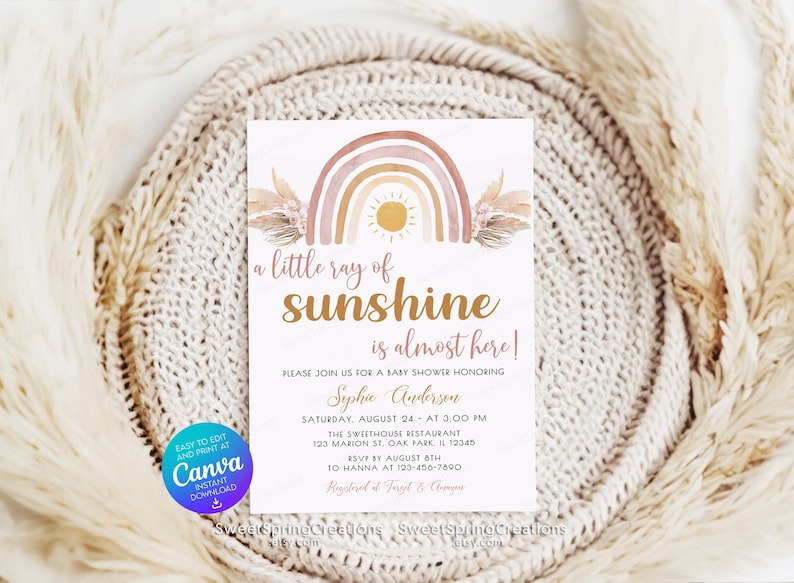 Editable A Little Ray of Sunshine Boho Rainbow Baby Shower Invitation Template, pampas grass SSC_00019 image 4