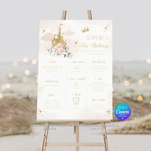 Pu&ograve; includere: Un cartello di pietre miliari del primo compleanno stampabile rosa e oro con un'illustrazione di castello, fiori e stelle. Il cartello include il testo "Sophie's First Birthday" e elenca pietre miliari come "Adoro", "Ora posso", "Peso", "Ho", "Posso", "Cibo preferito", "Prime canzoni".