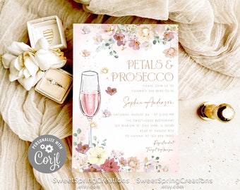 Petals and Prosecco Bridal Shower Invitation, Pink Pastel Petals and Prosecco Wildflower Bridal Shower Invite  #SSC_00011