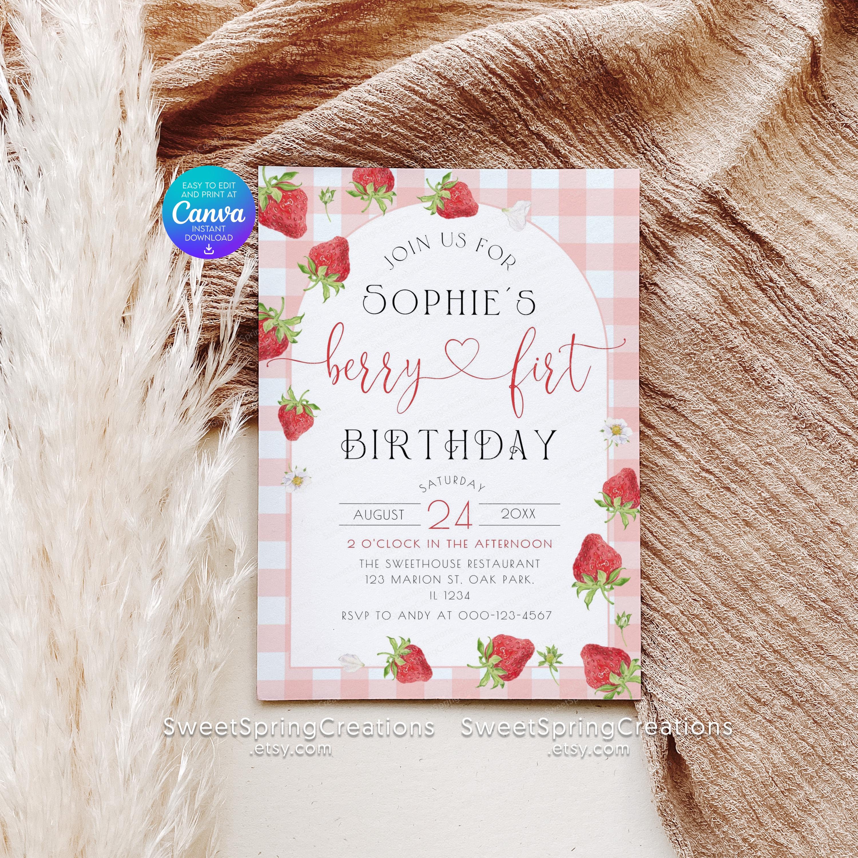 Pink Gingham Berry First Birthday Invitation Template, Berry First Birthday Invitation, Berry First Birthday Invitation Digital #SSC_00038