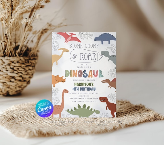 Editable Dino Four Birthday Invite Dinosaur 4th Birthday Party Invitation Template SSC_00247