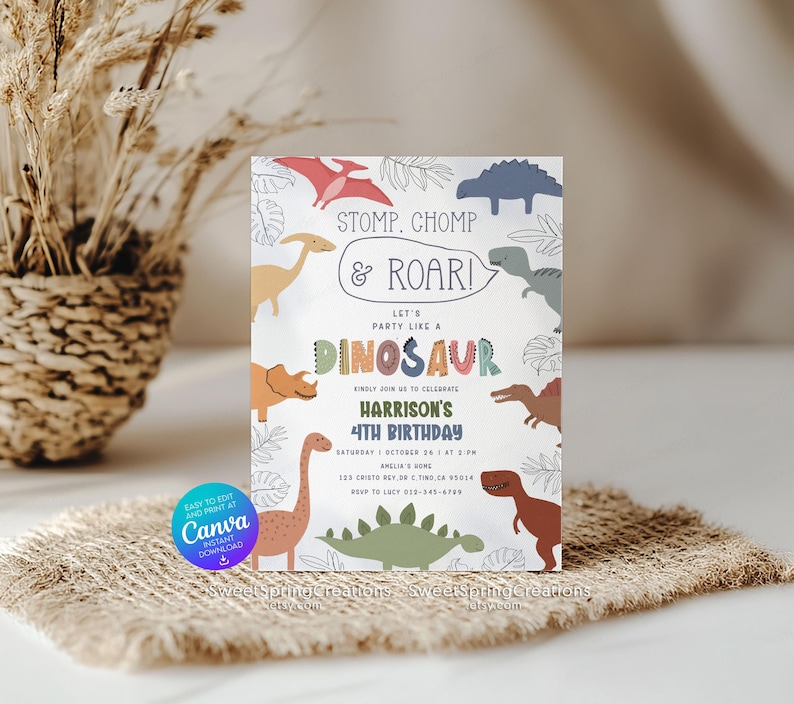 Bewerkbare sjabloon voor verjaardagsuitnodiging dinosaurus 4e verjaardagsfeestje dinosaurus SSC_00247 afbeelding 1