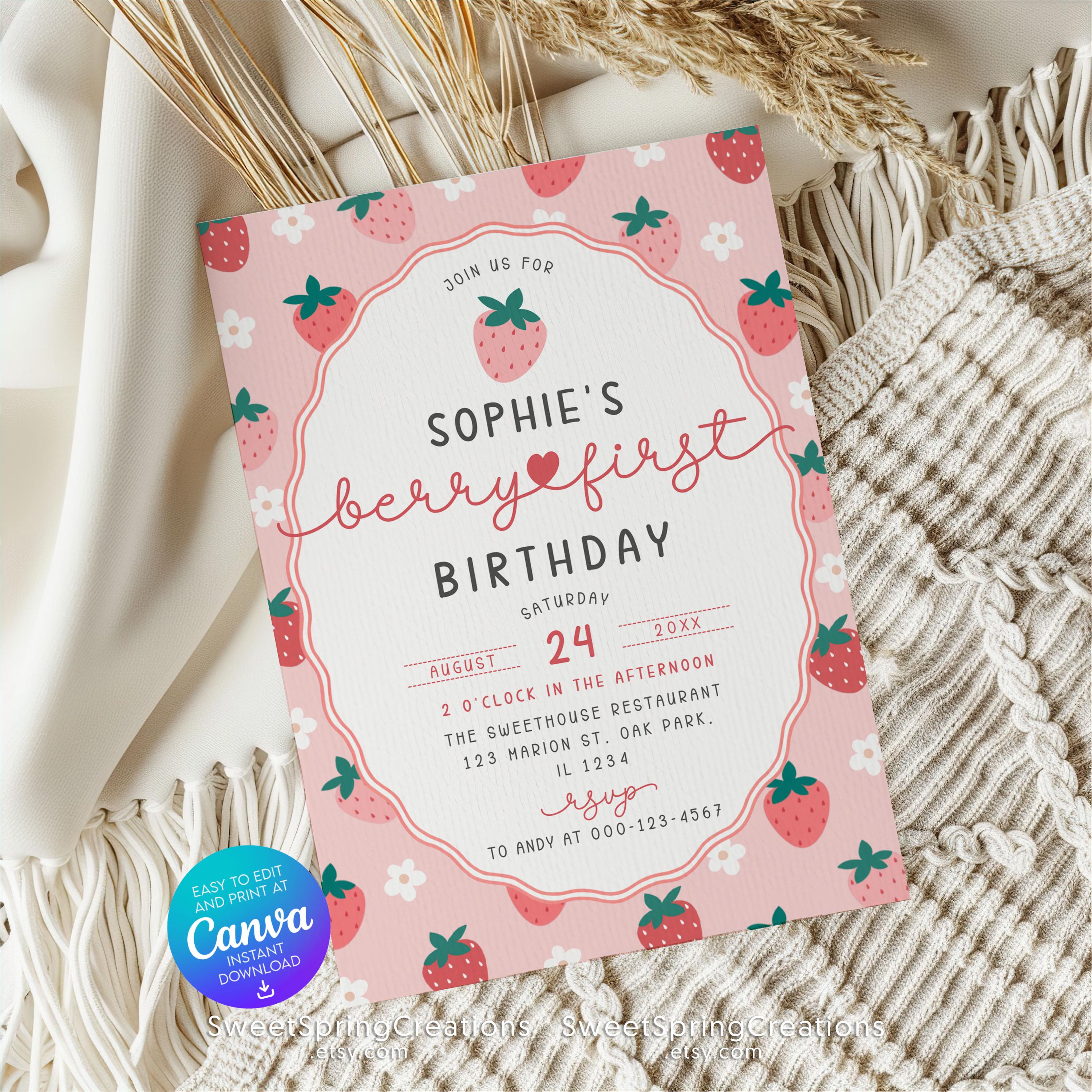 Editable Berry First Strawberry 1st Birthday Invitation Template SSC ...