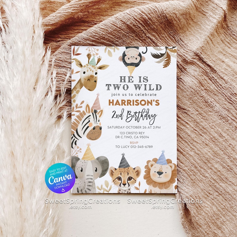 Editable Jungle Animals Two Wild Party Boho Safari 2nd Birthday Invitation Template SSC_00122 image 1