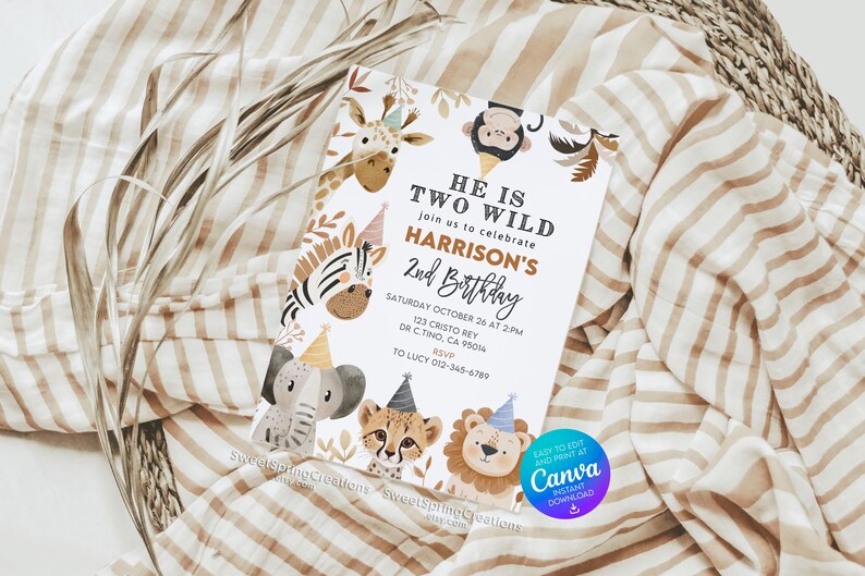 Editable Jungle Animals Two Wild Party Boho Safari 2nd Birthday Invitation Template SSC_00122 image 10